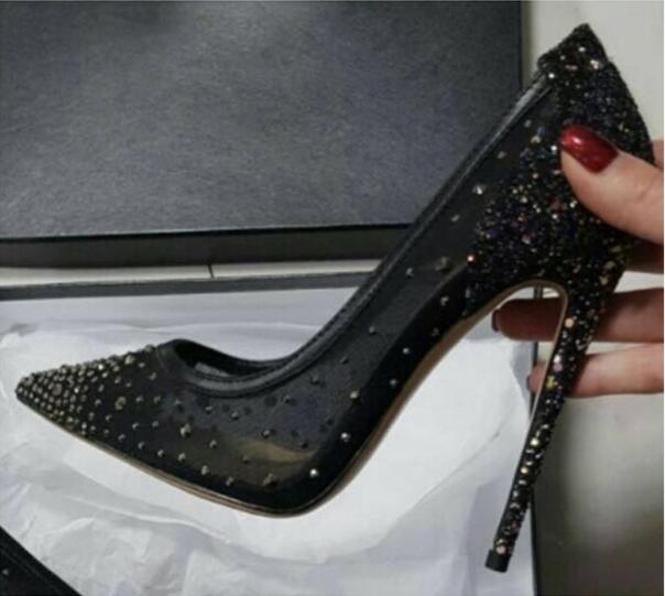 Woman Bling Crystal Stilettos Heels Sexy Elegant Black Mesh Pumps