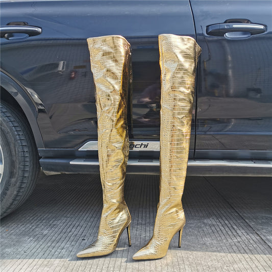 Women Gold Over The Knee High Boots
