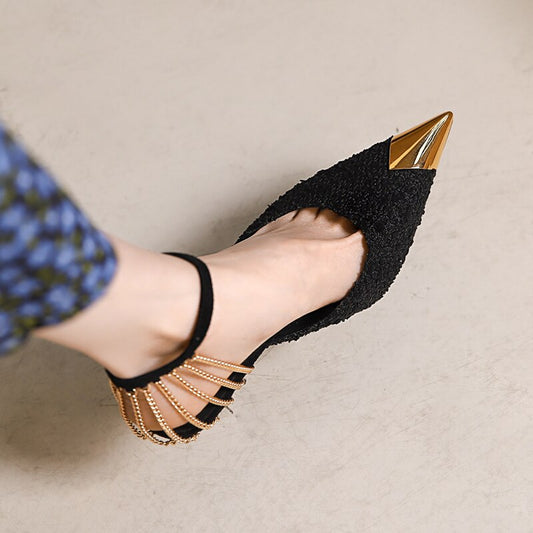 Pointed Toe Mule Genuine Leather Chains Sandals Crystal