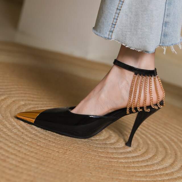 Pointed Toe Mule Genuine Leather Chains Sandals Crystal