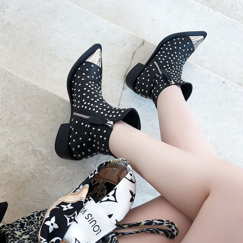 レディース 本革 ジッパー リベット パンク アンクルブーツ