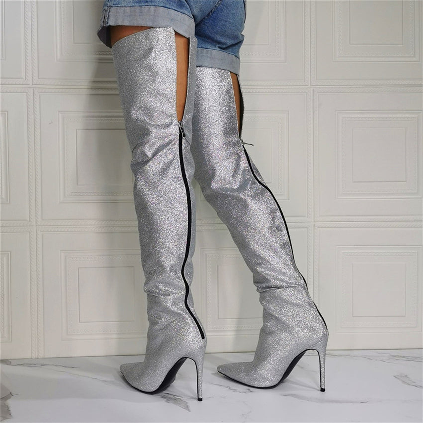 女性用ニーハイシルバーブーツ