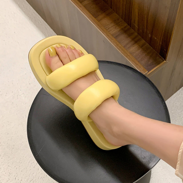 Women Shiny Leather Slippers Peep Toe Chunky platform