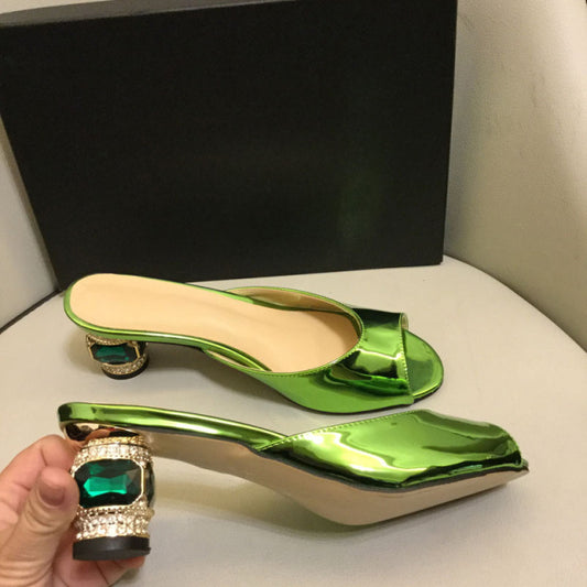 Summer Big Rhinestone Jeweled Med Heels Slipper Sandals Women