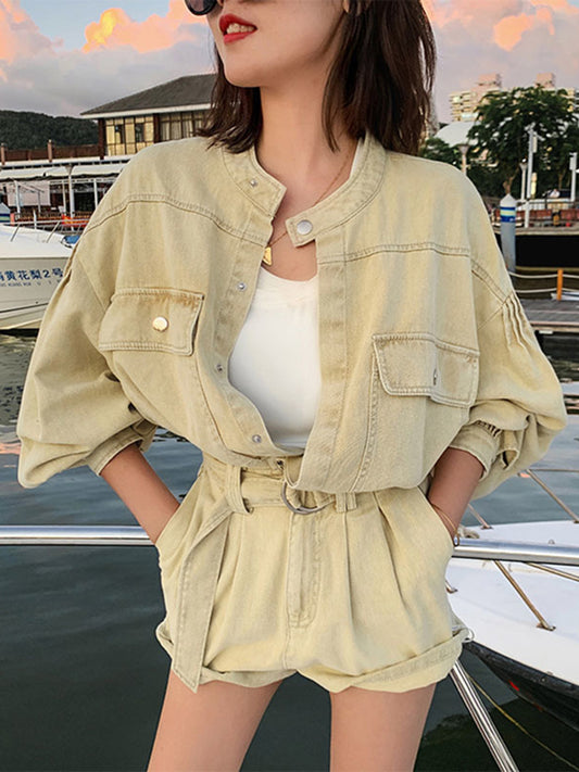 Casual Plain Loose Two Piece Set Women Stand Collar Long Sleeve Top