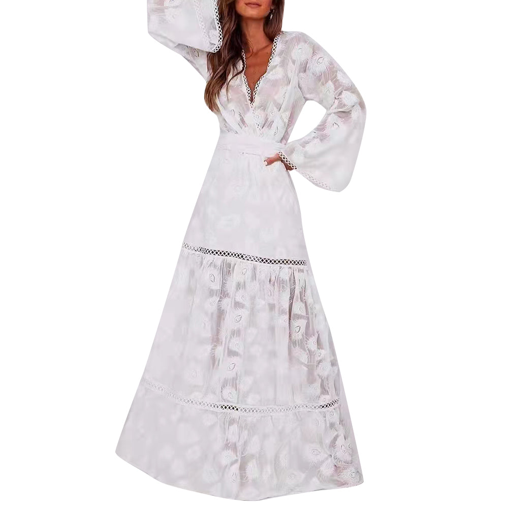 Vintage Casual Dress For Women V Neck Loose Long Sleeve