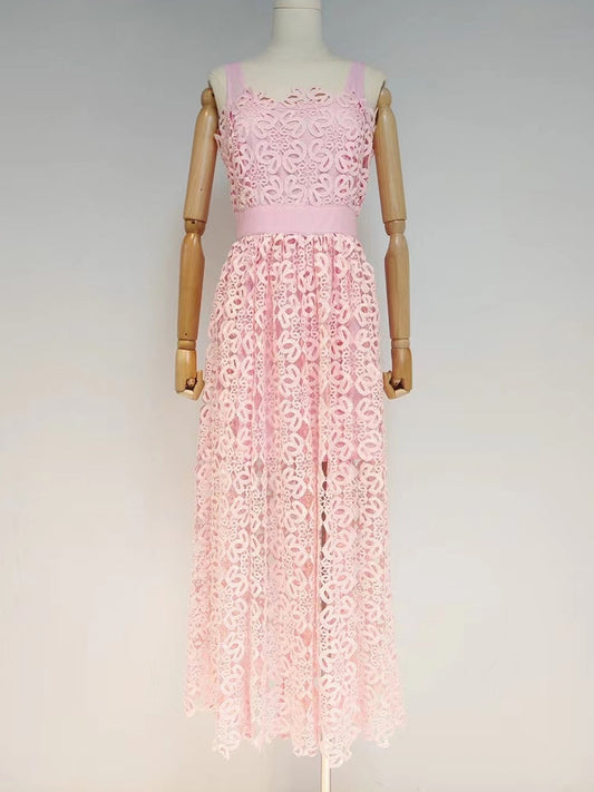 Hollow Out Sexy Dress For Women Sleeveless Gathered Waist Casual Plain