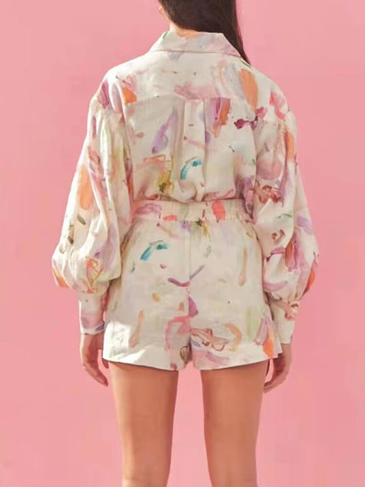 レディース プリント ツーピースセット シングルブレスト シャツ ハイウエスト ショートパンツ