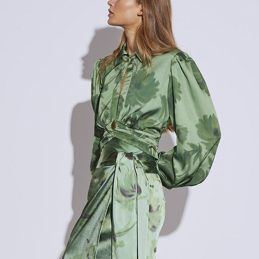 Casual Print Women Blouses Lapel Collar Lantern Hollow Out Shirts