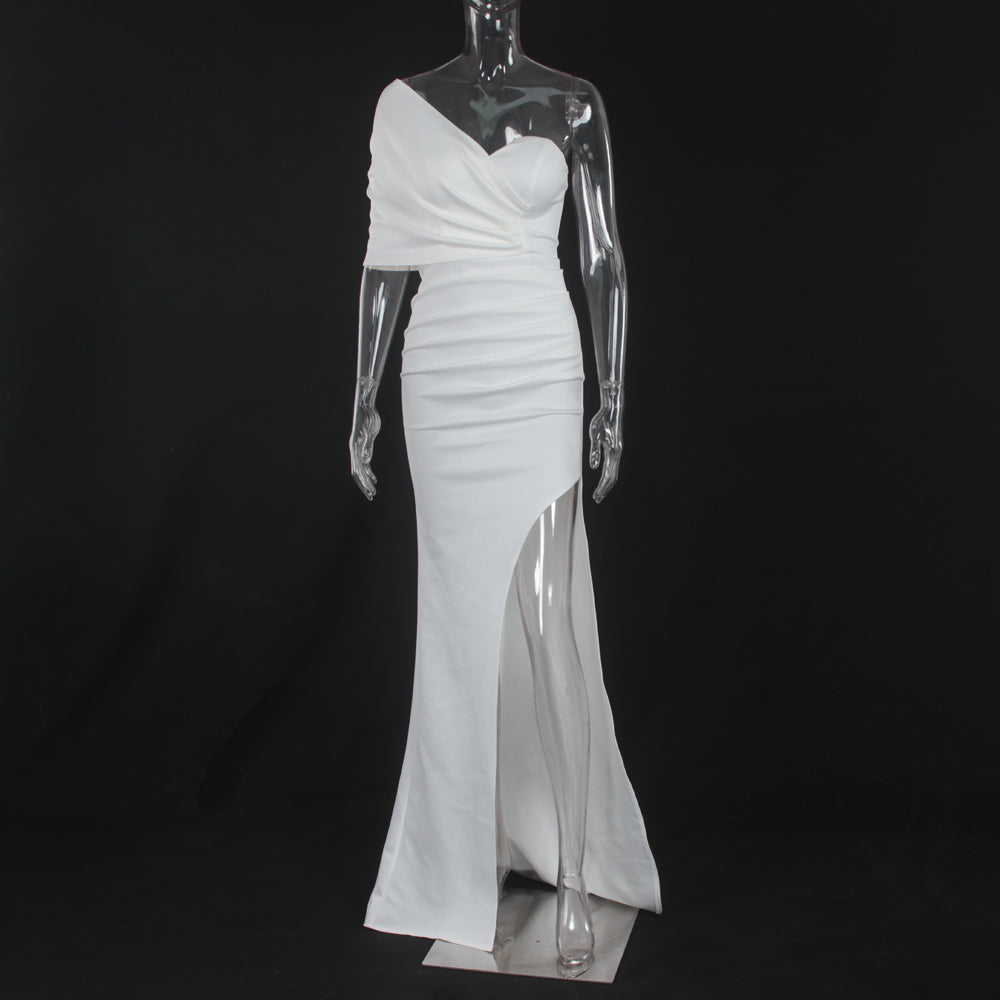 Women Stretch Satin One Shoulder Ruched Maxi Dress