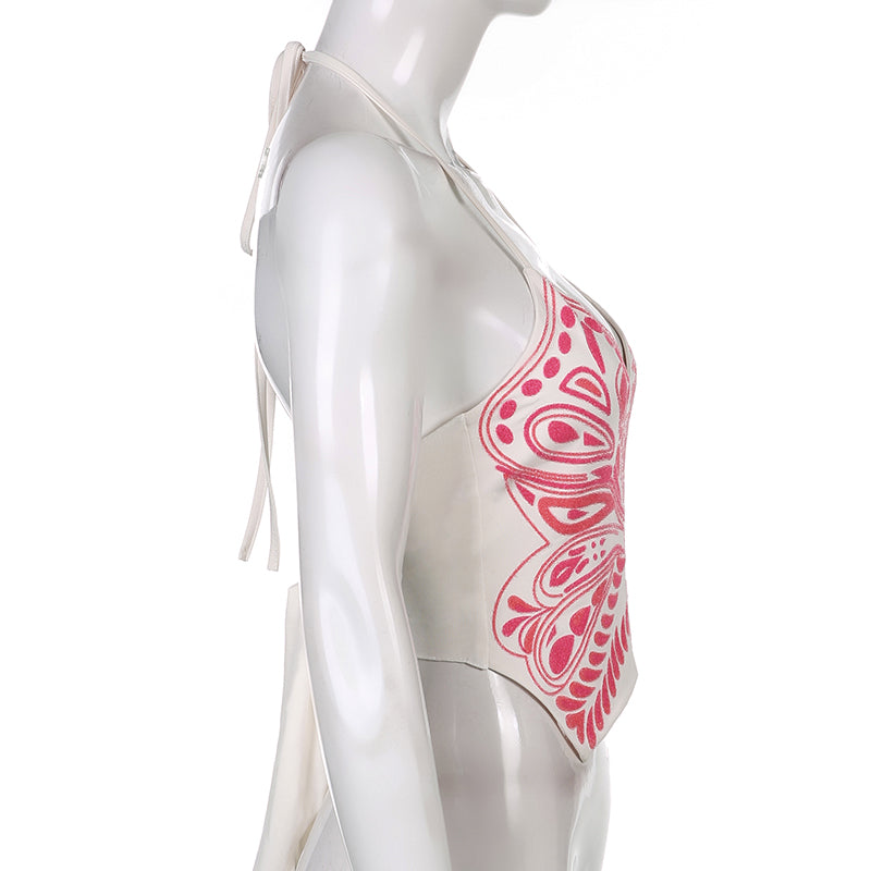 Butterfly Print Halter Camisole Corset Woman Backless Crop Top