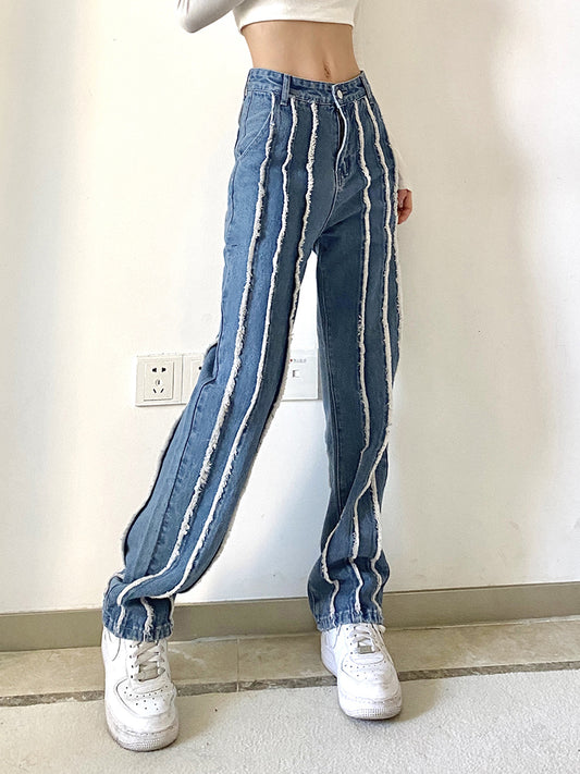 High Waist Patchwork Jeans Women Baggy Wide Leg Pants Streetwear