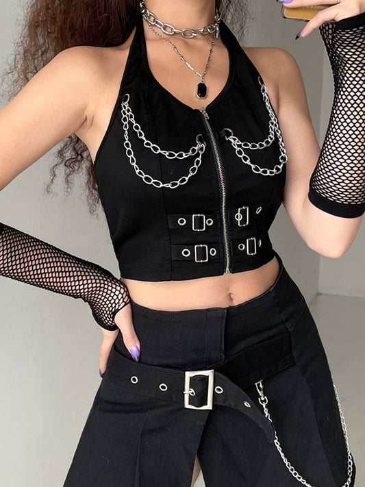 パンク ホルター クロップトップ レディース チェーン バンデージ タンクトップ ストリートウェア