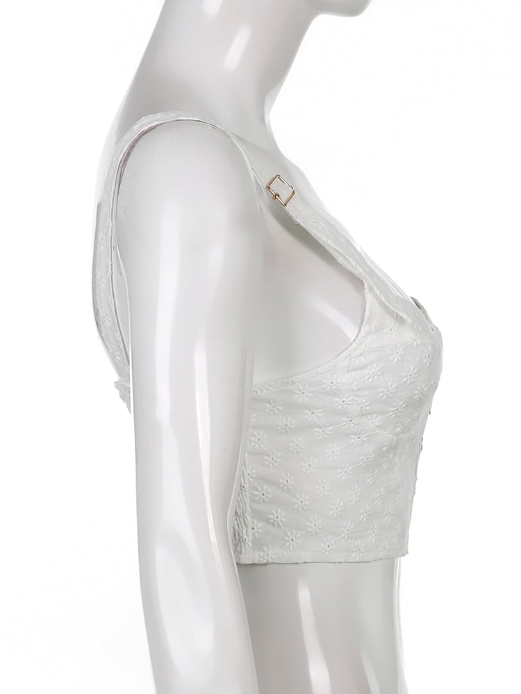 Button Up Crop Top Women Hollow Out Floral Kawaii Tank Tops