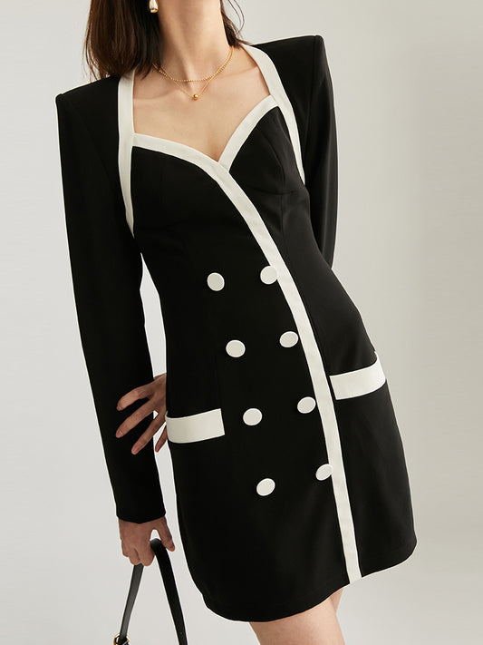 Black Dress For Women Square Collar Long Sleeve High Waist