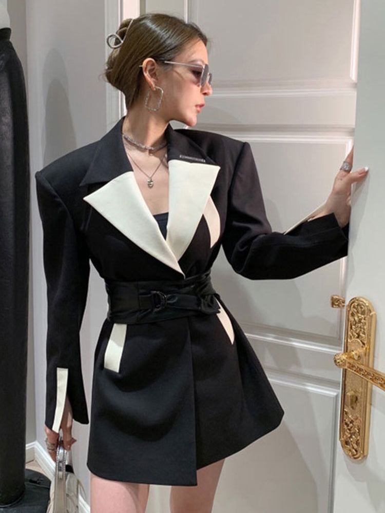 Fashion Patchwork Colorblock Blazer For Women Notched Collar
