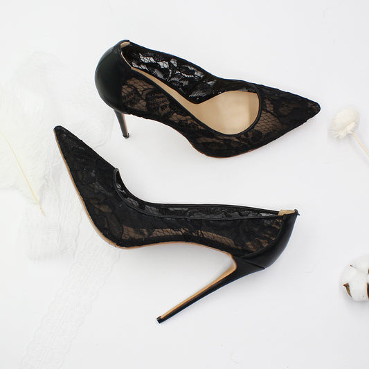 Elegant Floral Lace Shallow Black Mesh Pumps Woman Summer
