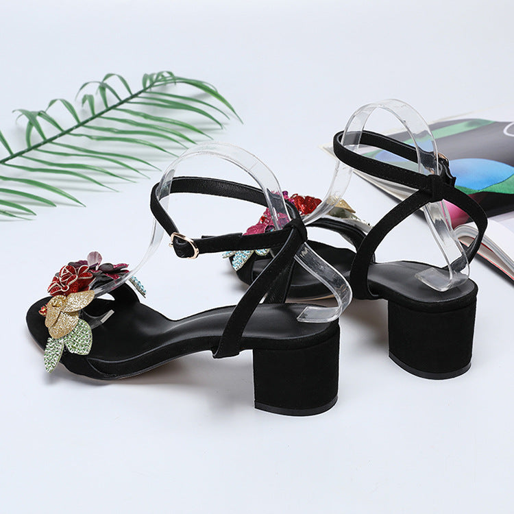 Luxury Women Slingback Peep Toe Floral Sandals Chunky Heels