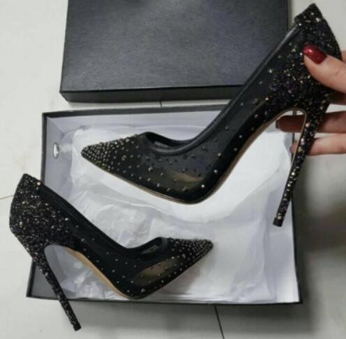 Wedding Black Mesh Rhinestone Pumps Spring Women Hollow Pumps
