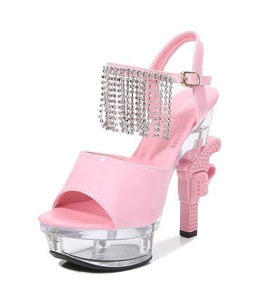 女性サンダル 夏 フリンジ 奇妙なスタイル ヒール クリスタル セクシー