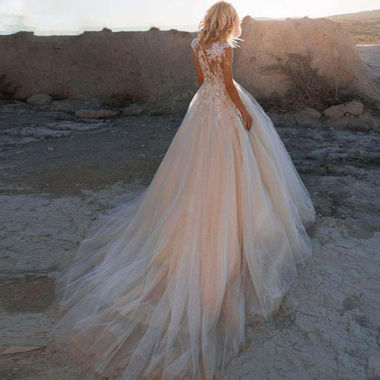 Sheer Neck A Line Beach Wedding Dress Appliqued Blush Pink Charming
