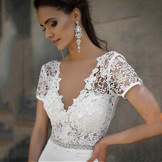 Short Sleeves Illusion V-neck Bridal Gown