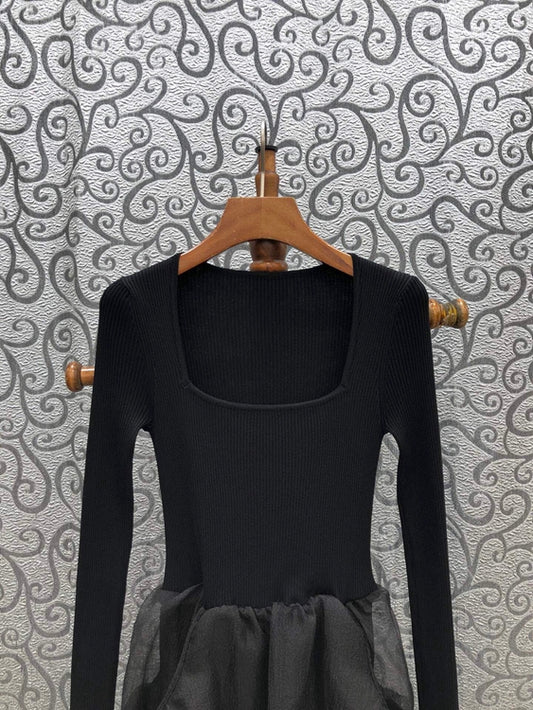 Spring Autumn Knitted Dress High Quality Women Sexy Square Collar