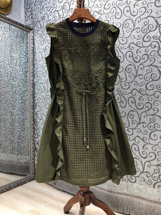 Hollow Out Embroidery Dress Women Drawstring Waist Ruffle Elegant