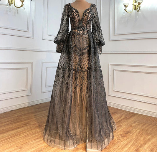 Muslim Luxury Blue Evening Dresses Gowns Long Sleeves