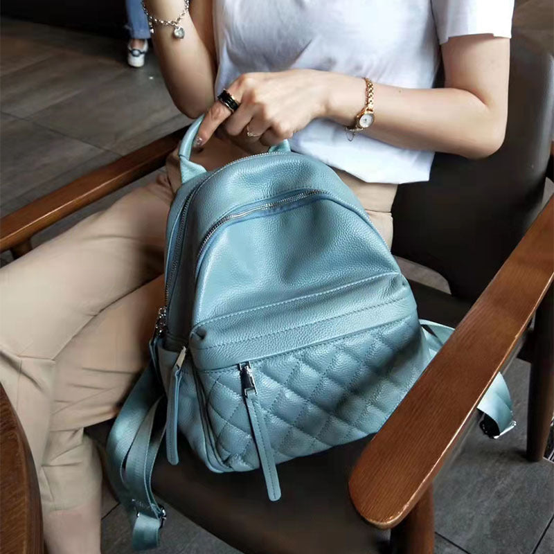 New Taro Blue Color Fashion Women Backpack Genuine Cow Leather
