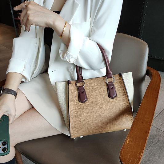 Hit Color Blue Large Office Girl Trapeze Tote Thick Cowhide Leather Women