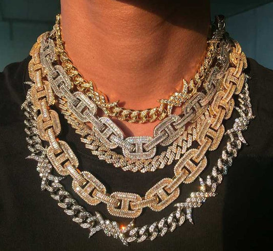 ゴールドメッキ キュービックジルコニア キューバンリンクチェーン チョーカーネックレス