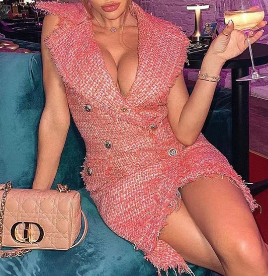 Sleeveless Lapel Gold Button Sexy Skinny Tweed Dress