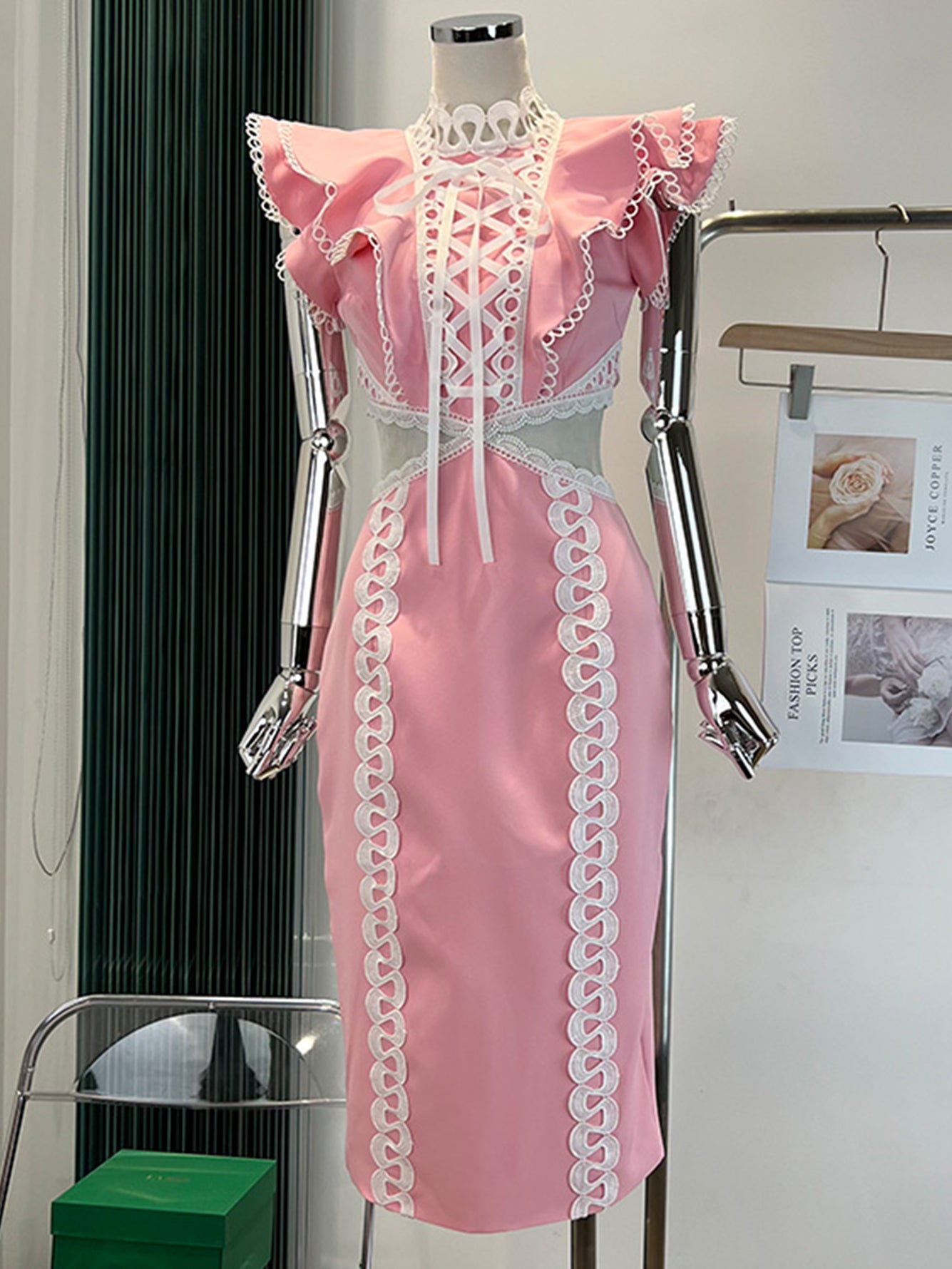 Pink Dress Women Sexy Hollow Out Lace Ruffle Bodycon Midi
