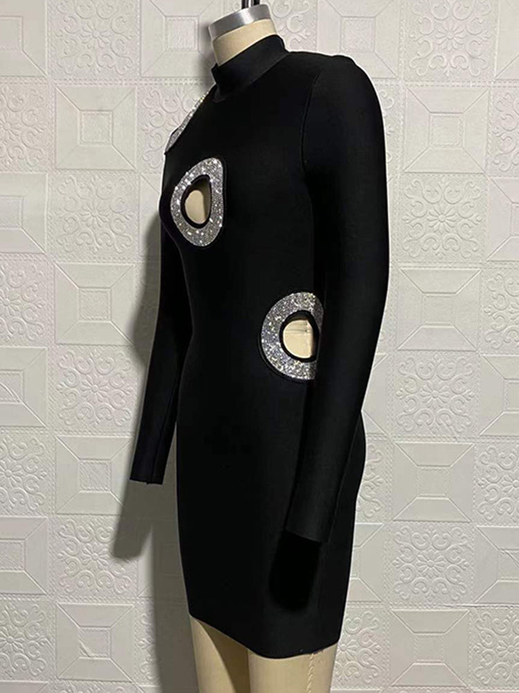 Sexy Round Hole Bandage Mini Dress Women Turtleneck
