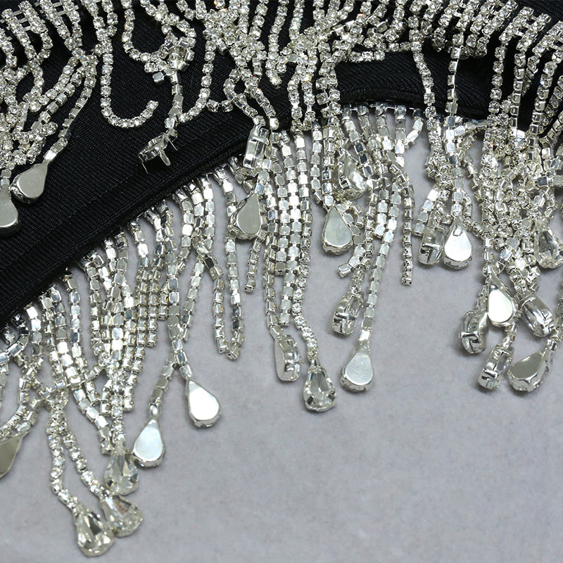Backless Diamonds Crystal Tassel Black Mini Bandage Set