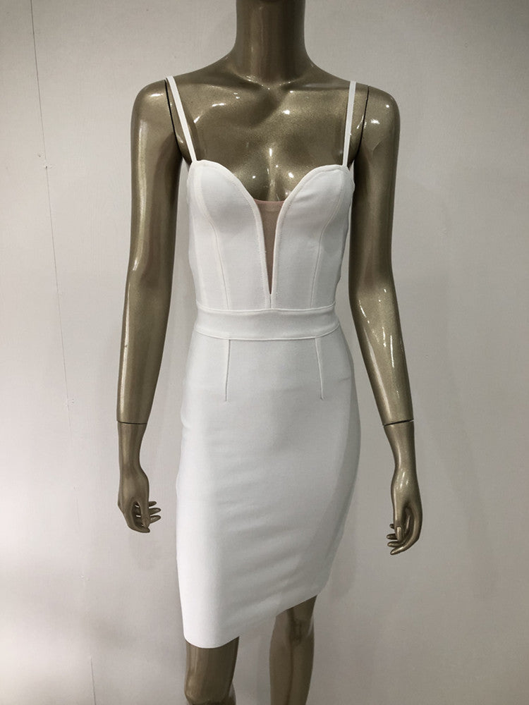 Sexy Sleeveless Backless V Neck White Mesh Mini Dress