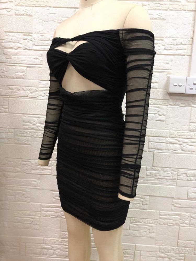 Sexy Off Shoulder Key Hole Mesh Ruched Black Mini Bodycon Dress