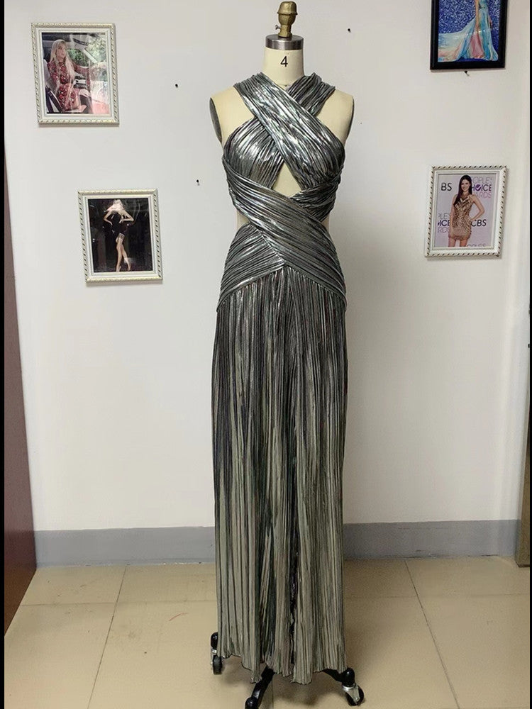 Silver Color Women Sleeveless Haler Floor-Length Dress