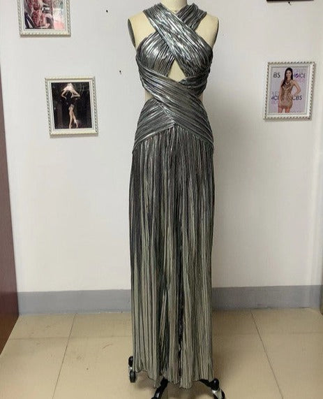 Silver Color Women Sleeveless Haler Floor-Length Dress