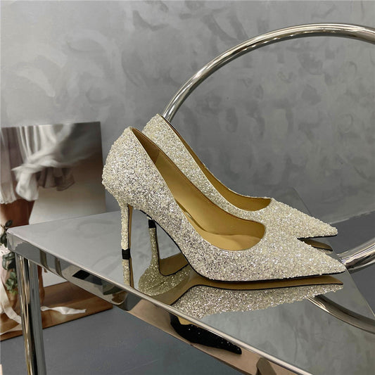 グリッターインレイパールデザインレディースパーティーハイヒール