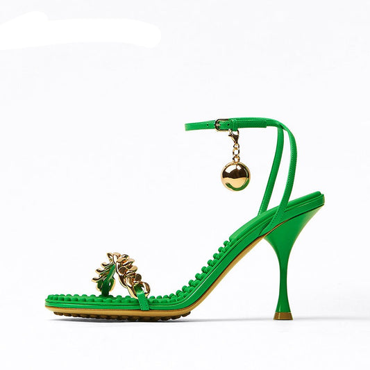 Open Toe Cowhide Stiletto Sandals Chain Ankle Strap