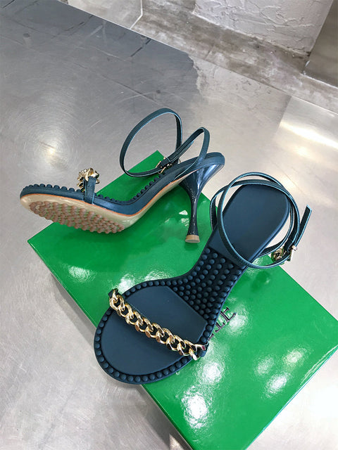 オープントゥ 牛革スティレットサンダル チェーン アンクルストラップ