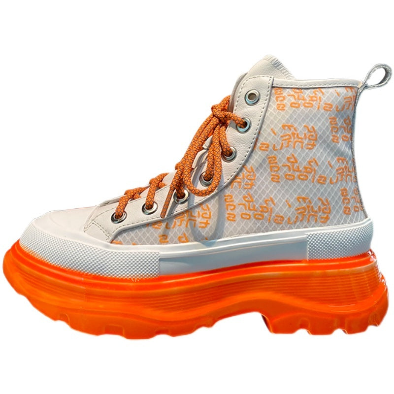 Cowhide Mesh Printed Lace High-top Platform Shoes