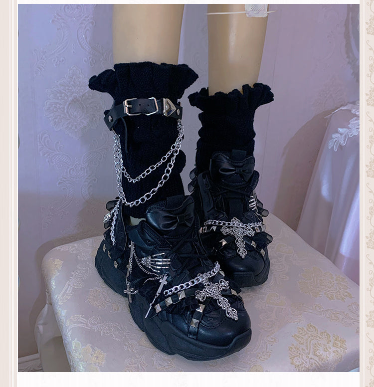 Dark Black Round Toe Lace Metal Chain Cross Old Shoes