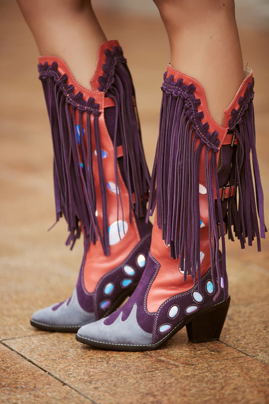 Top Layer Cowhide Knee-length Boots with Fringed