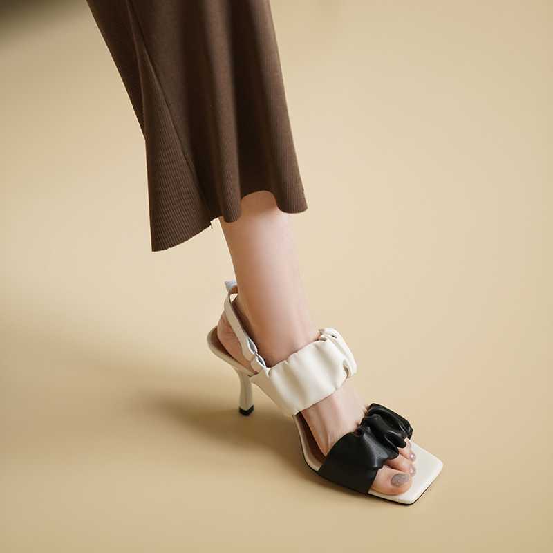薄型ハイヒール ミックスカラー フレンチバックルストラップ レディースサンダル