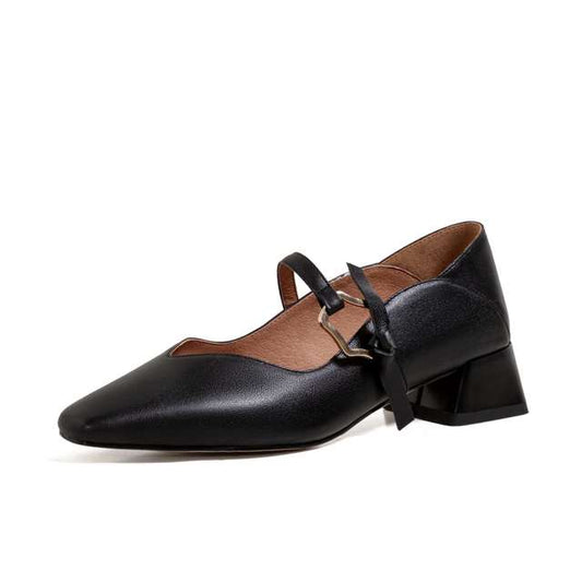 Genuine Leather Square Toe Med Heel Women Pumps