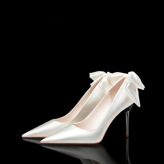white satin stiletto high-heeled bow pointed bridal wedding shoes