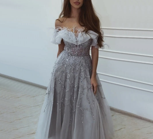 Grey Luxury Beaded Feathers A-Line Evening Gown